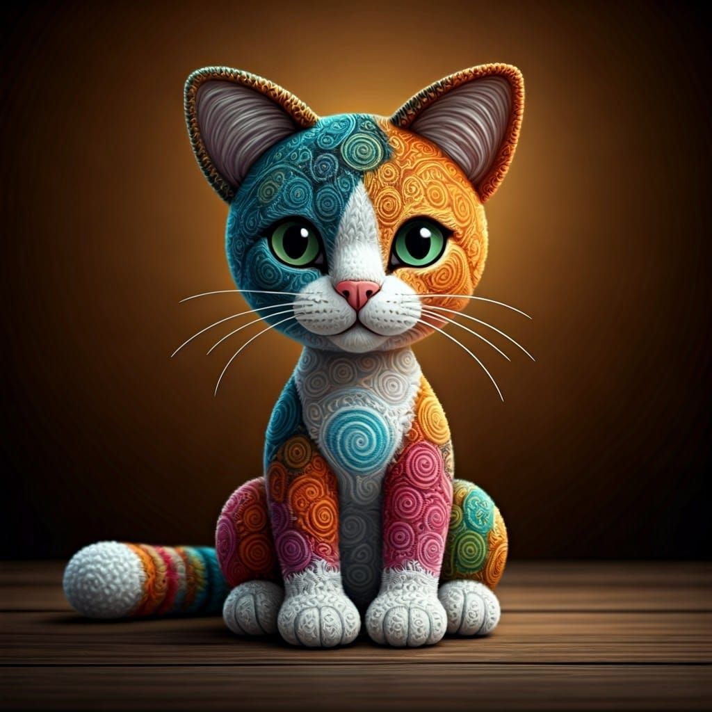 Whimsical Calico Cat in Folk Art Style