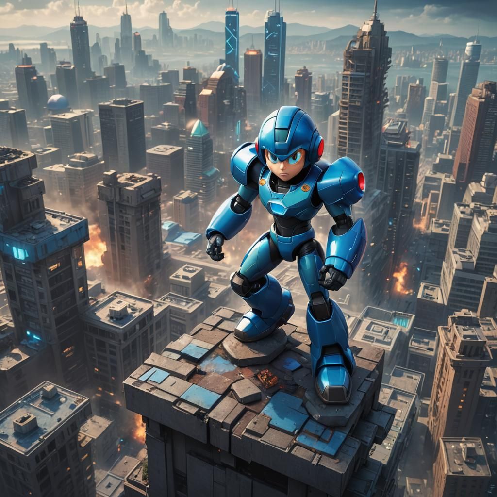 Mega Man Overlooking City in Detailed Painting