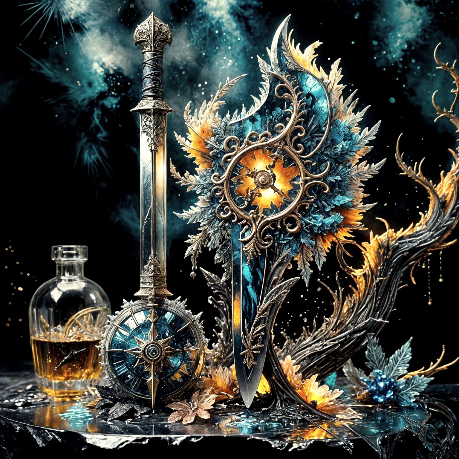 Frostpunk Sword in Maximalist Alcohol Ink Style