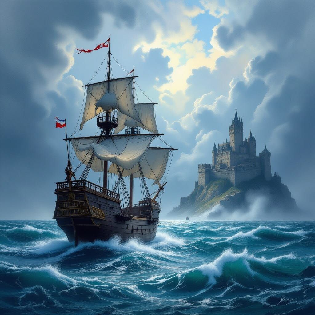 Galleon Battles Stormy Seas Near Ancient Castle