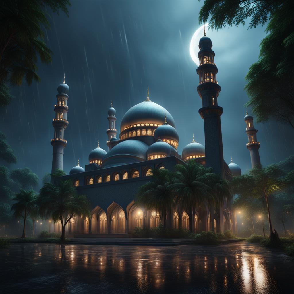 Hyperrealistic Mosque in Jungle at Rainy Night