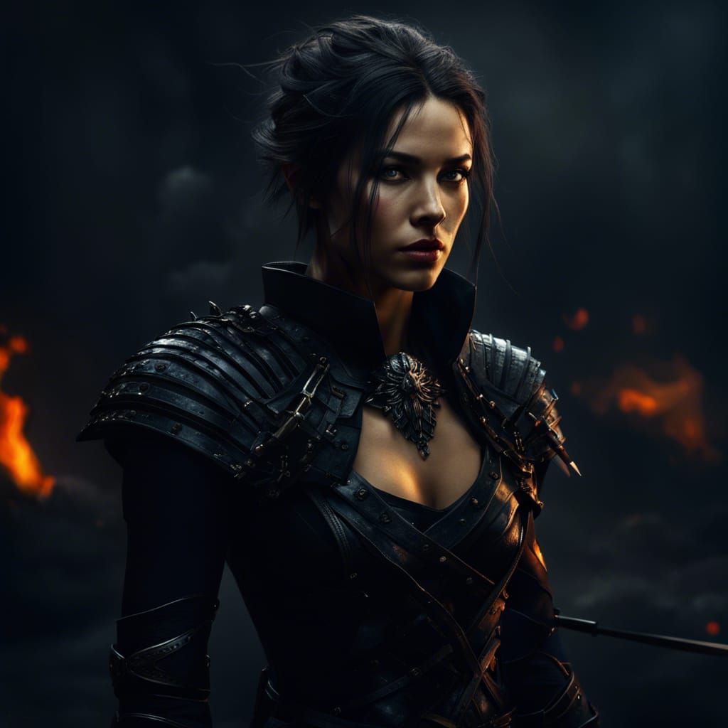 Demonic Warrior Woman with Fiery Sword, Dark Fantasy Art