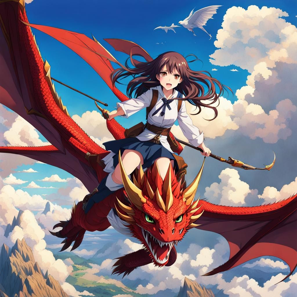 Anime Girl Flying with Dragons