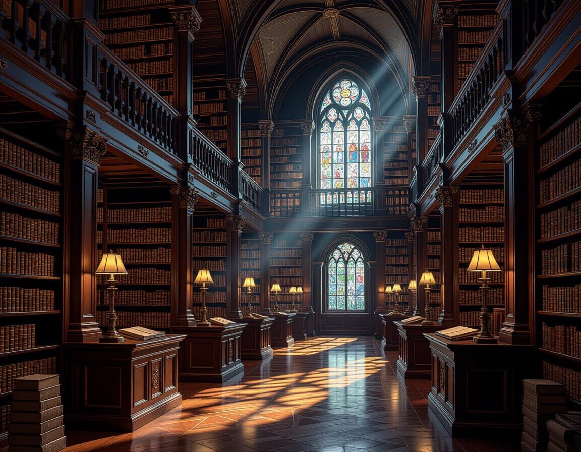 Hyperrealistic Grand Library with Ethereal Light