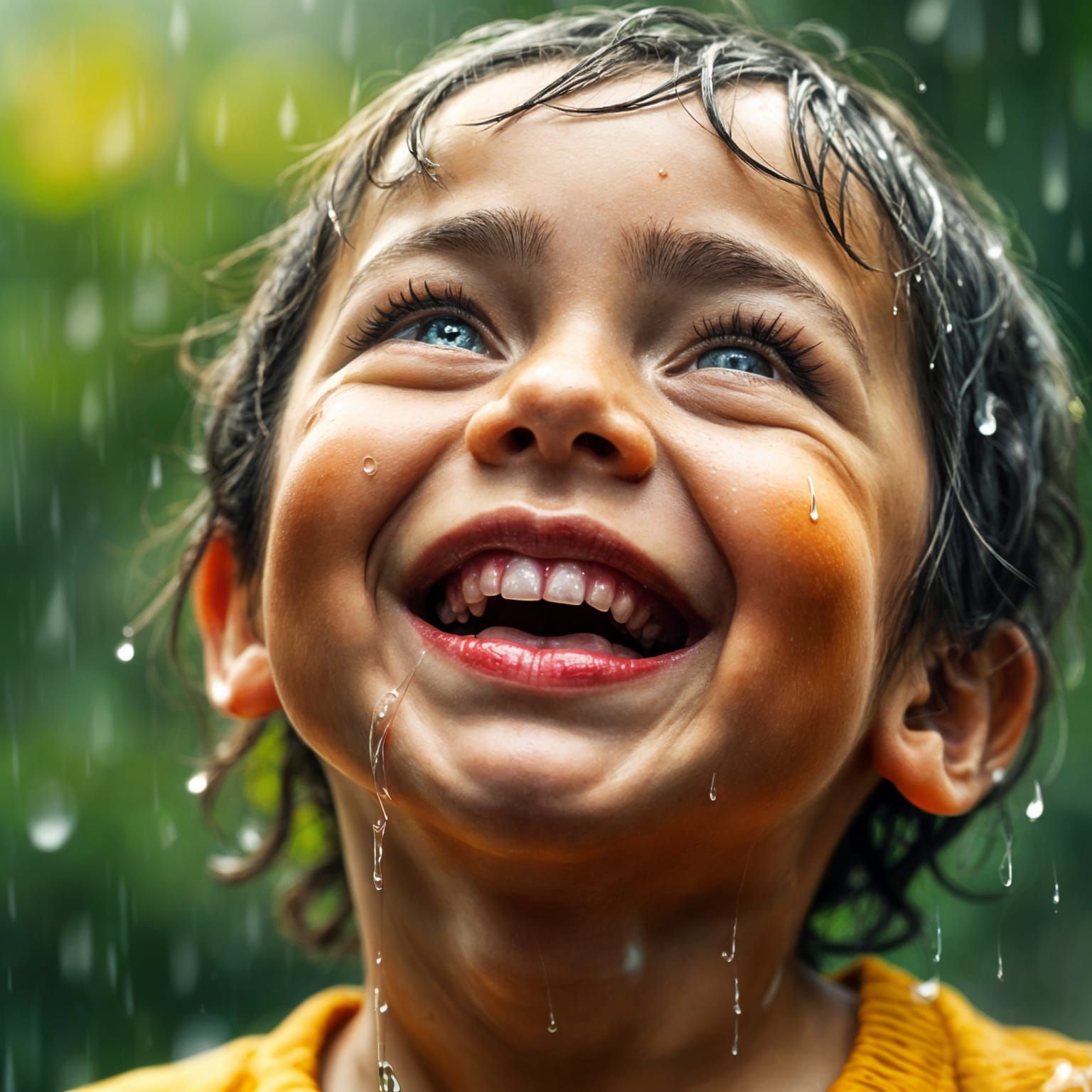 Joyful Child Laughing in Rain, Hyperrealistic Portrait