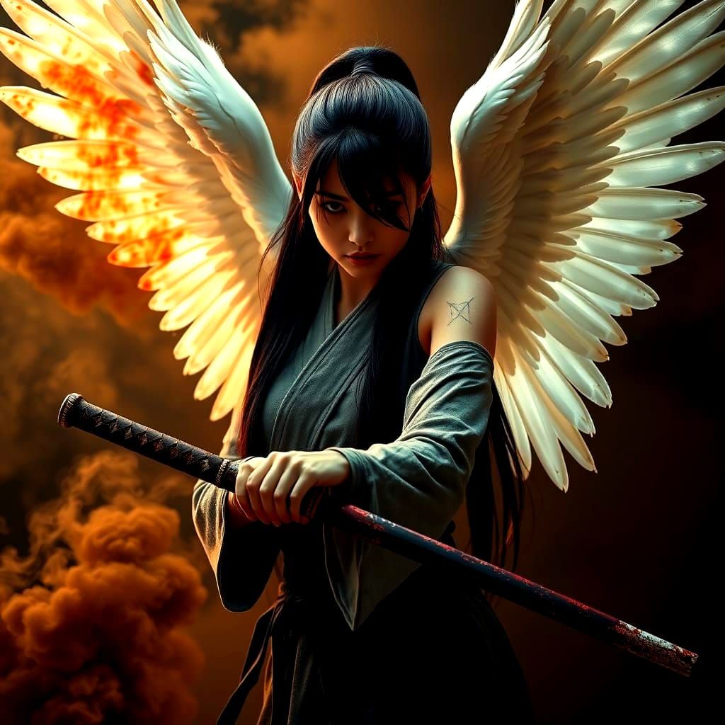 Cyberpunk Angel Wields Bloody Katana Amidst Brown Smoke