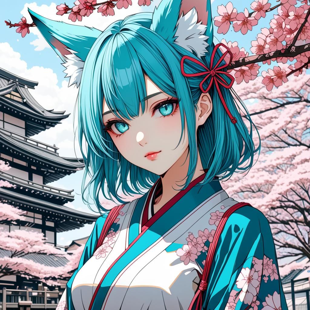 Cyan Fox Girl in Sakura Garden: Manga Art