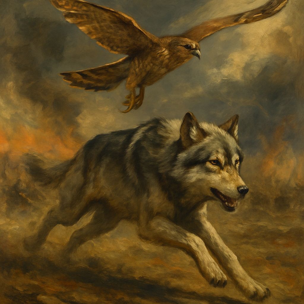 Cooper's Hawk and Wolf on Battlefield as Oil Painting
