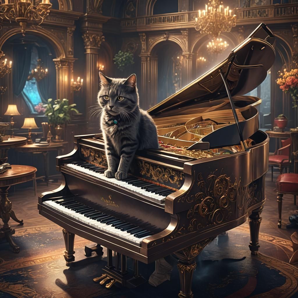 Cat Plays Piano: Detailed Matte Painting