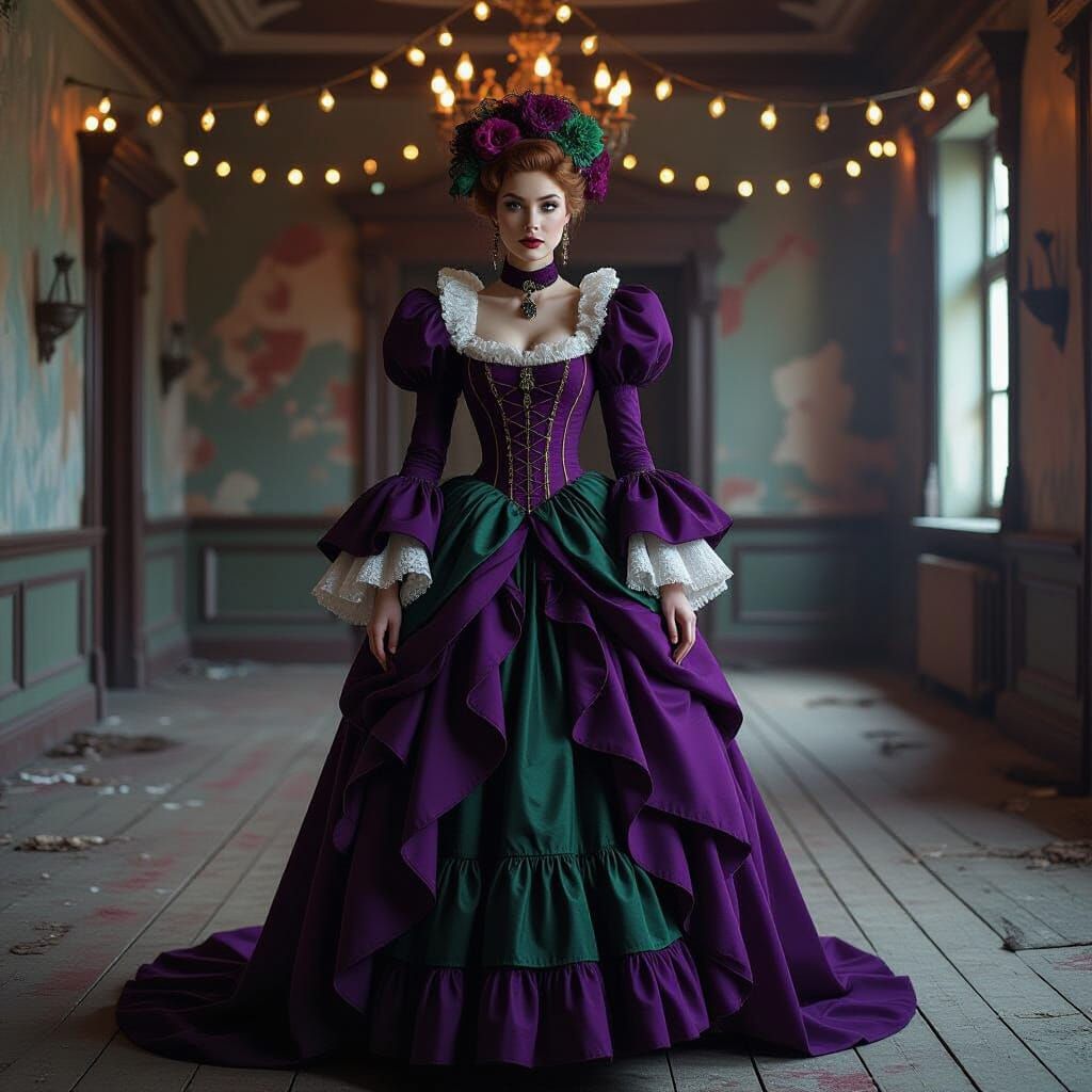 Elaborate Vintage Outfit in Dim Ballroom, Inspired by Ash Th...