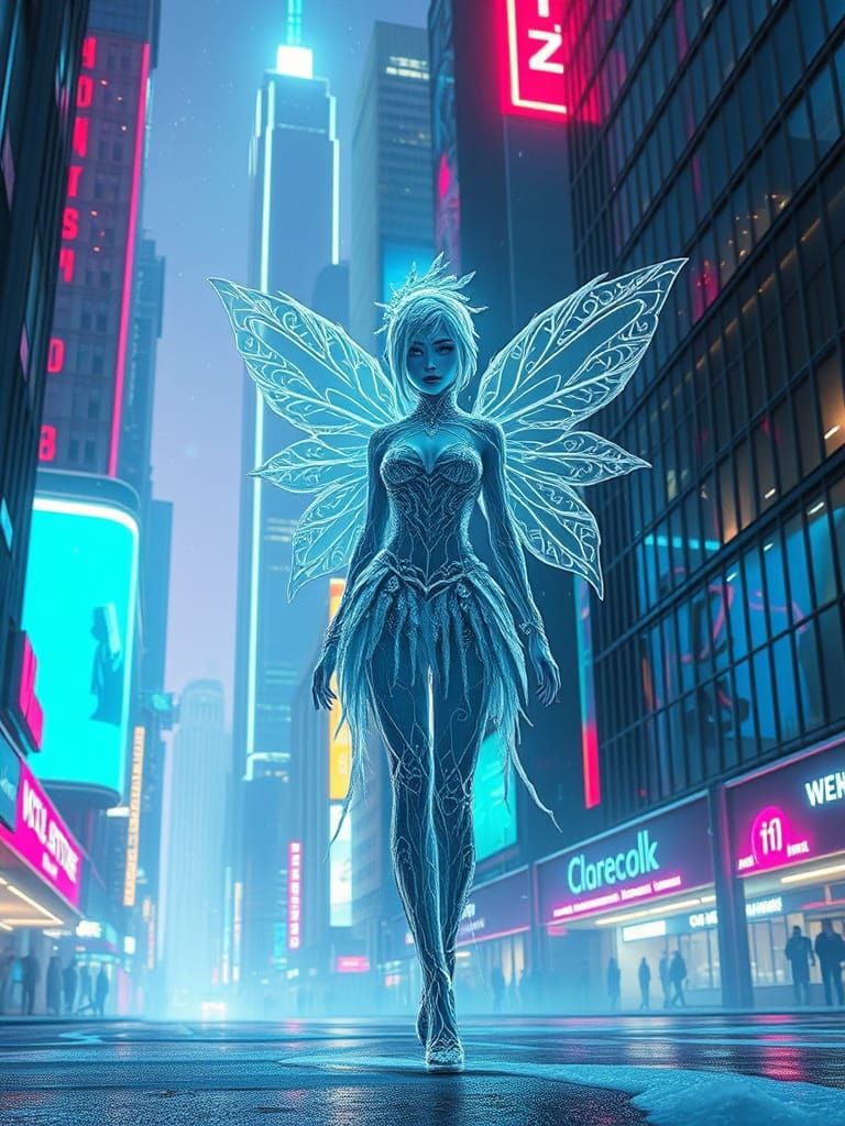 Ice Fairy in Neon Cityscape with Ethereal Glow