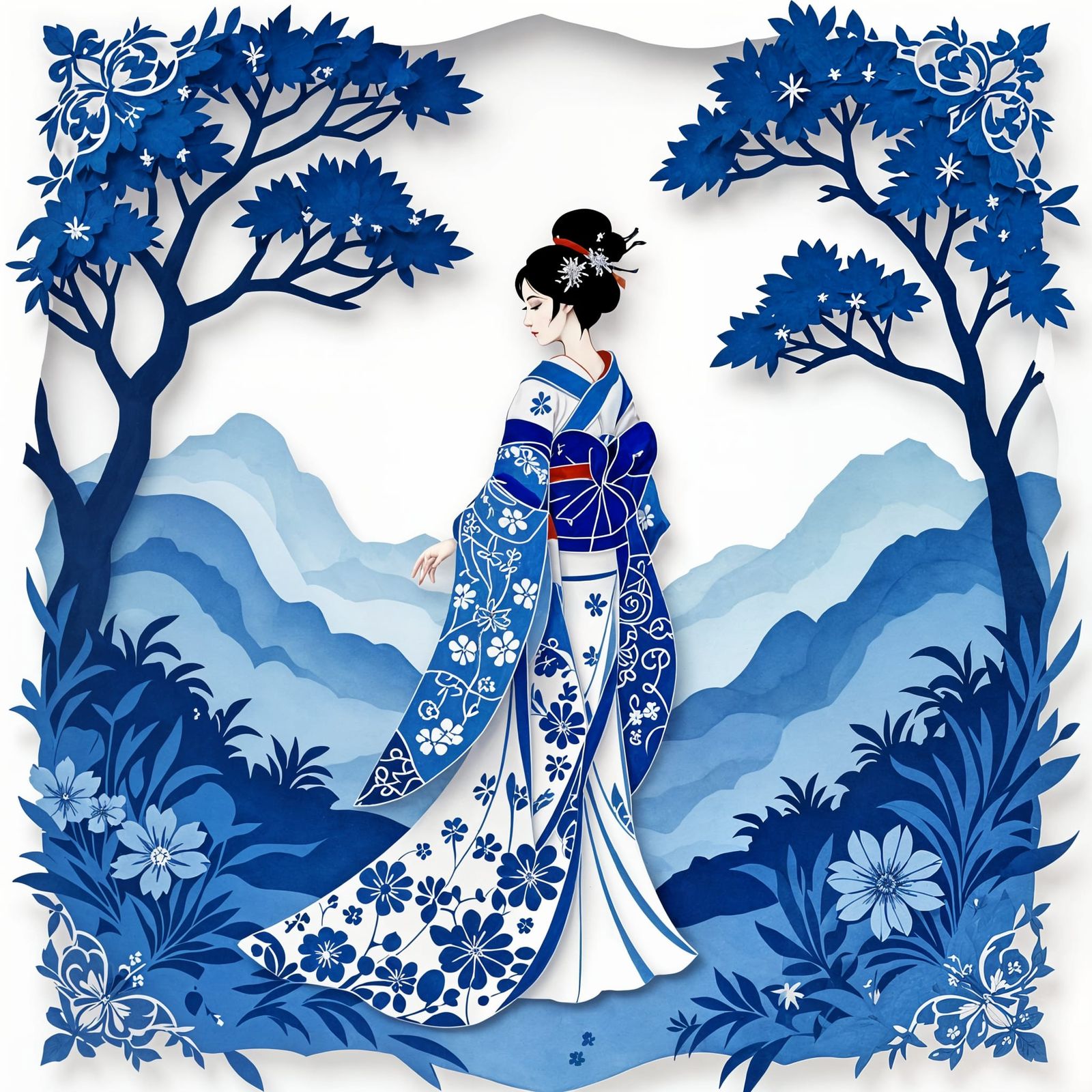 Silhouette of a woman in blue and white paper art style, amidst nature landscape with tree silhouettes, reminiscent of O...