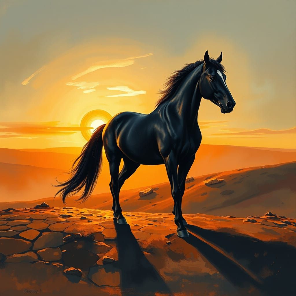 Majestic Black Horse in Sunset Landscape, Gouache Style