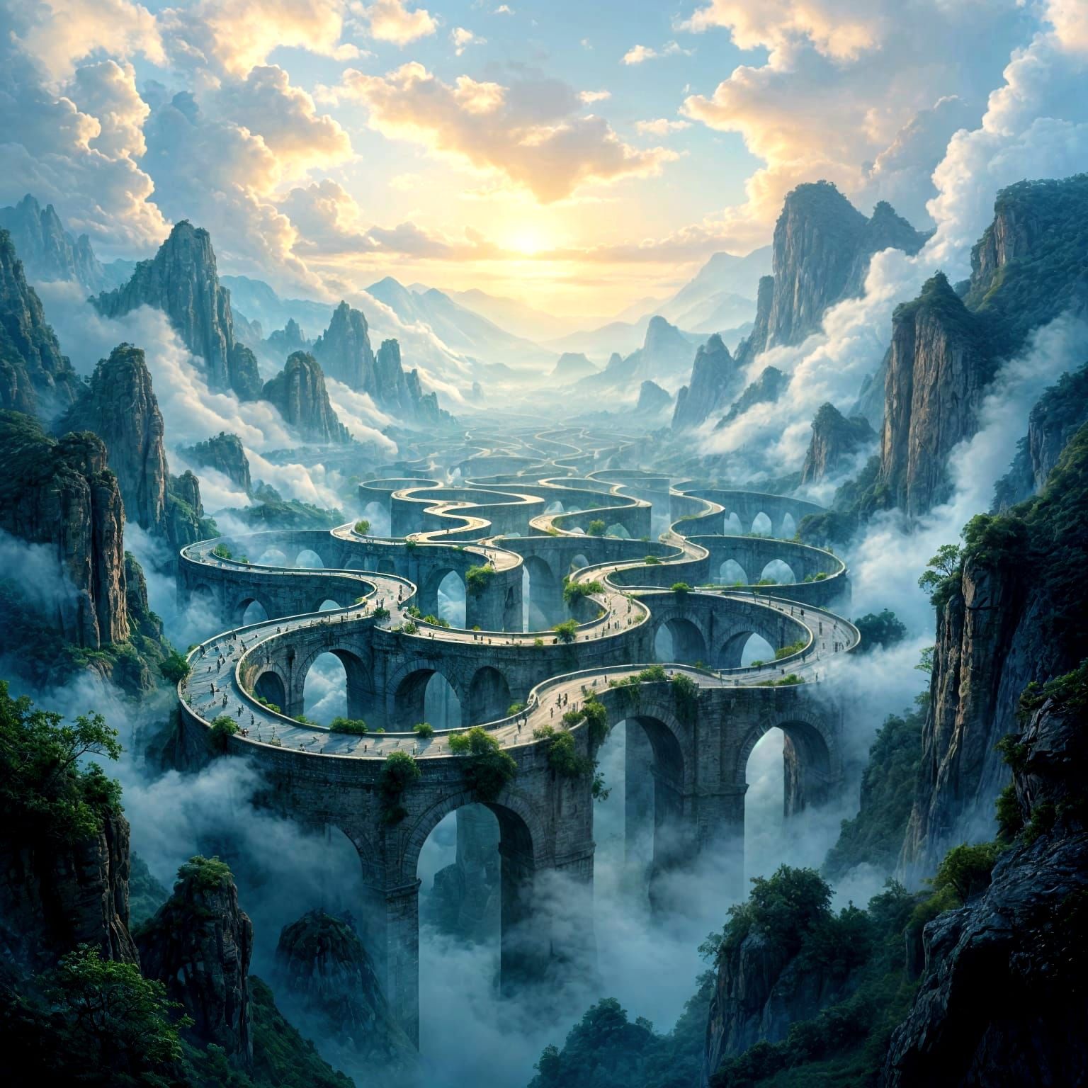 Stone Arc Bridges in a Surreal Mountain Maze