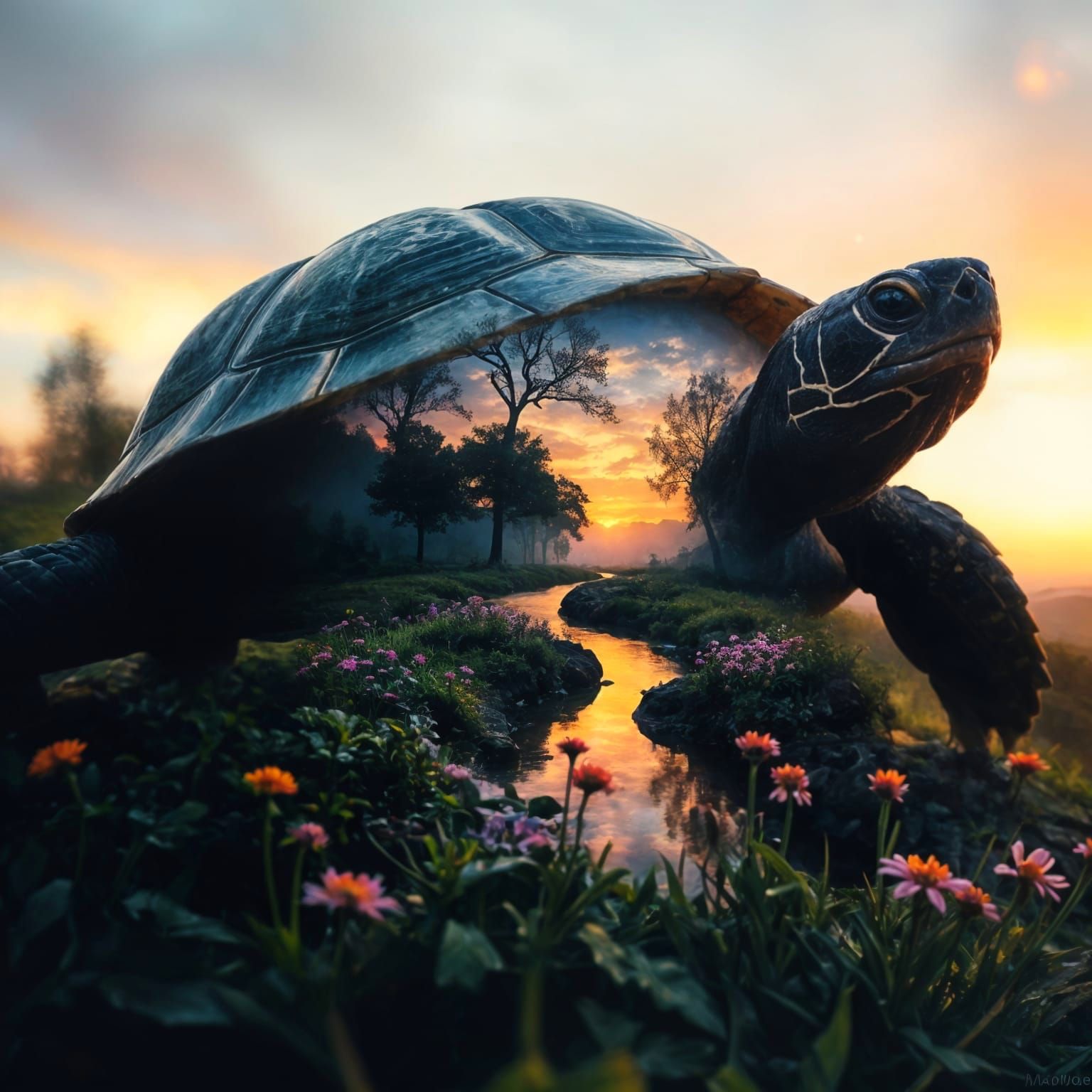 Vibrant Sunset Tortoise Landscape in Triadic Colors