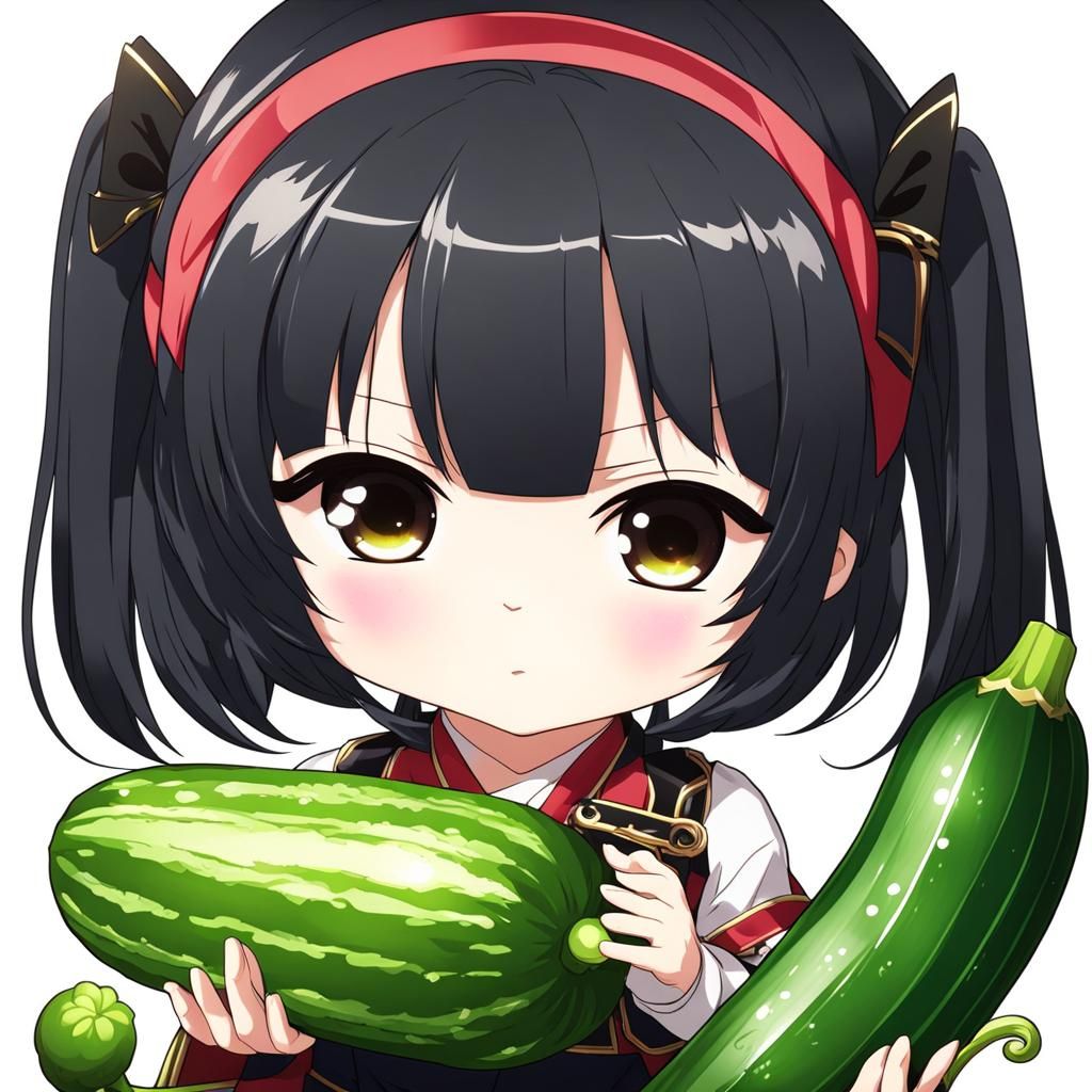 Chibi Girl Inspects Cucumber in Anime Style