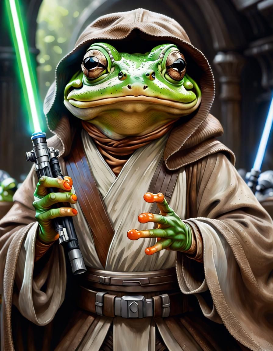 Frog Jedi Knight in Hyperrealistic Splash Art