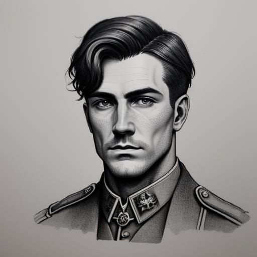 Male portrait ink drawing of a WWI British soldier head and shoulders. crosshatching.