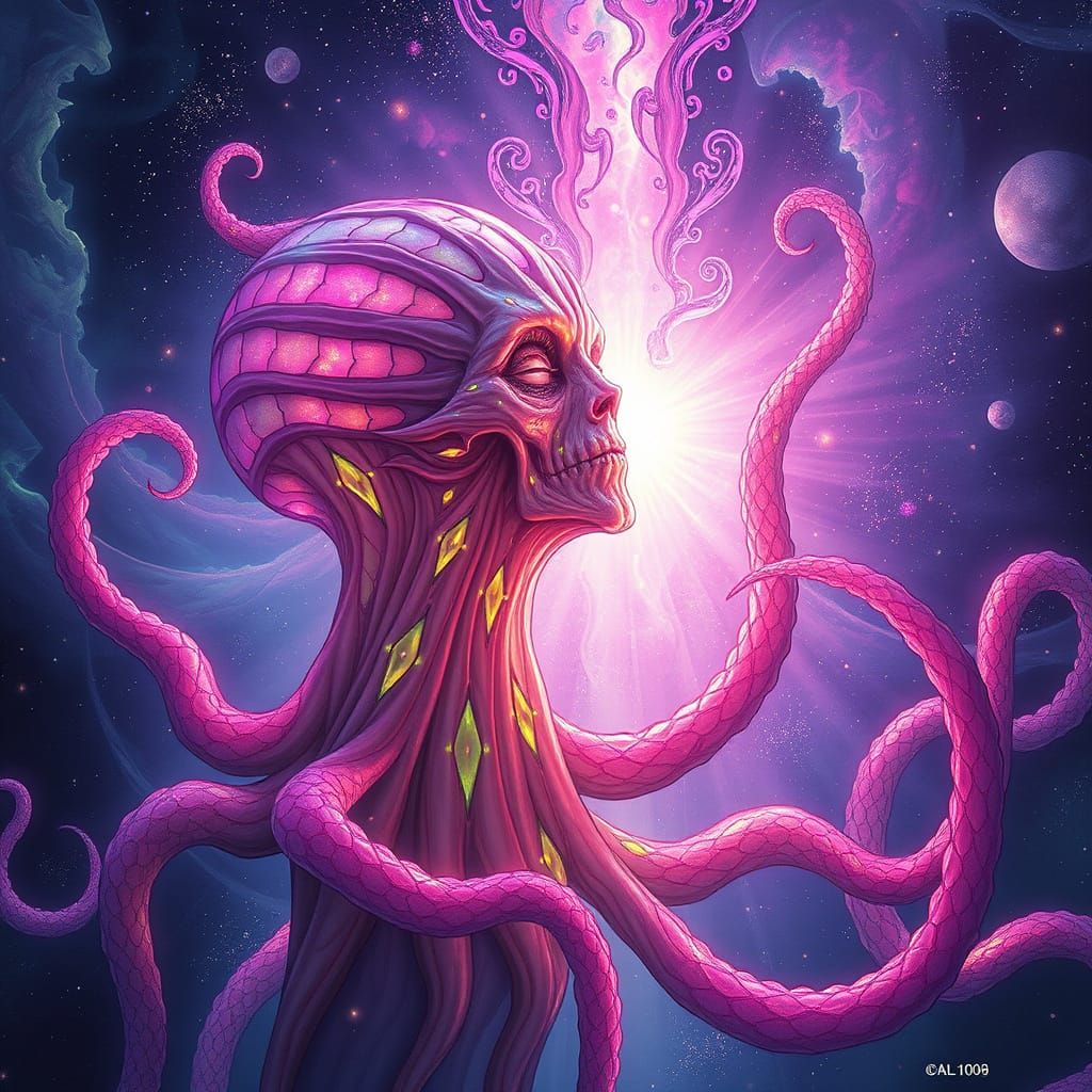 Eldritch Being in Dreamlike Reverie with Iridescent Skin and...