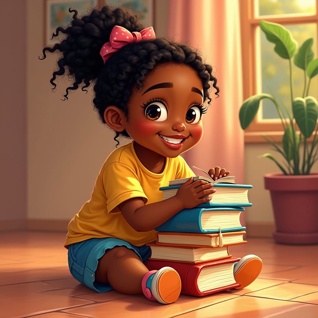 Festive Portrait of Smiling Child with Books, Pixar Style