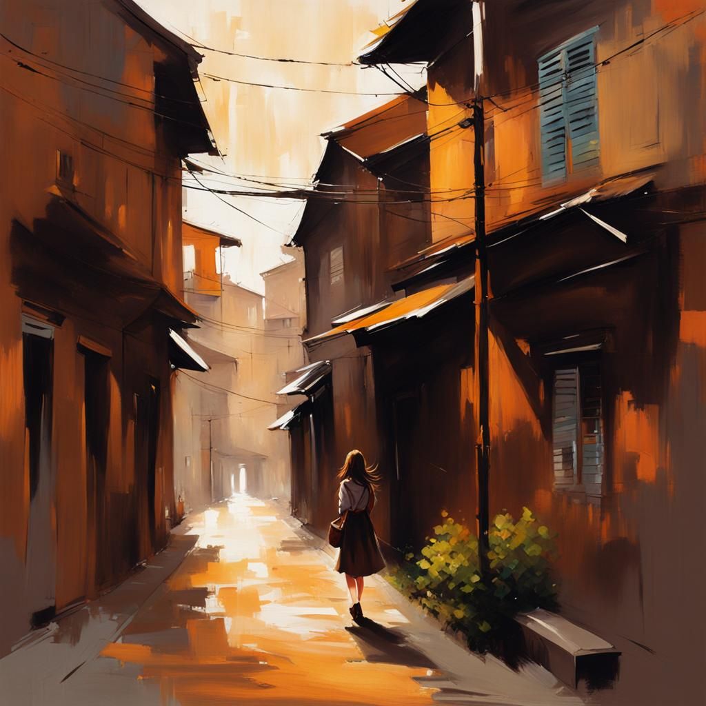 Anime Girl in Alleyway Impressionistic Abstract