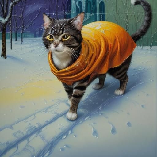 Cat's Snowy Walk: An Expressionist Oil Painting