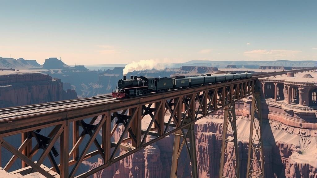 Majestic Wooden Railroad Trestle Dominates a Rugged Canyon L...