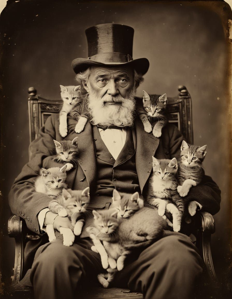 Victorian Gentleman Surrounded by Kittens Daguerreotype
