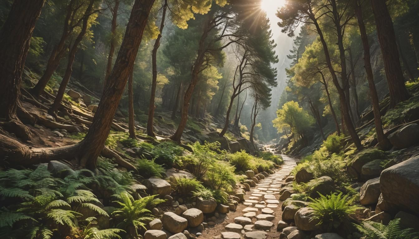 Sunlit Stone Path Through Lush Green Gorge