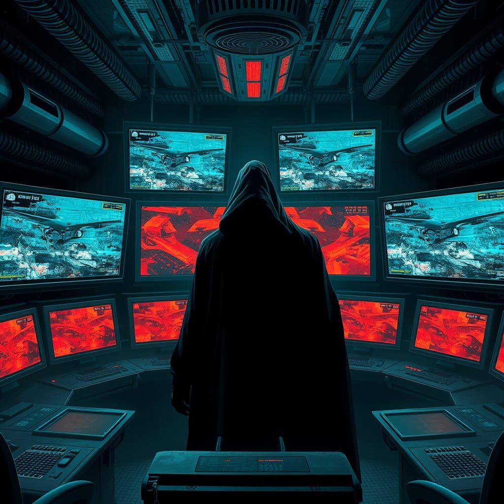 A Shadowy Figure in a Dystopian Control Room
