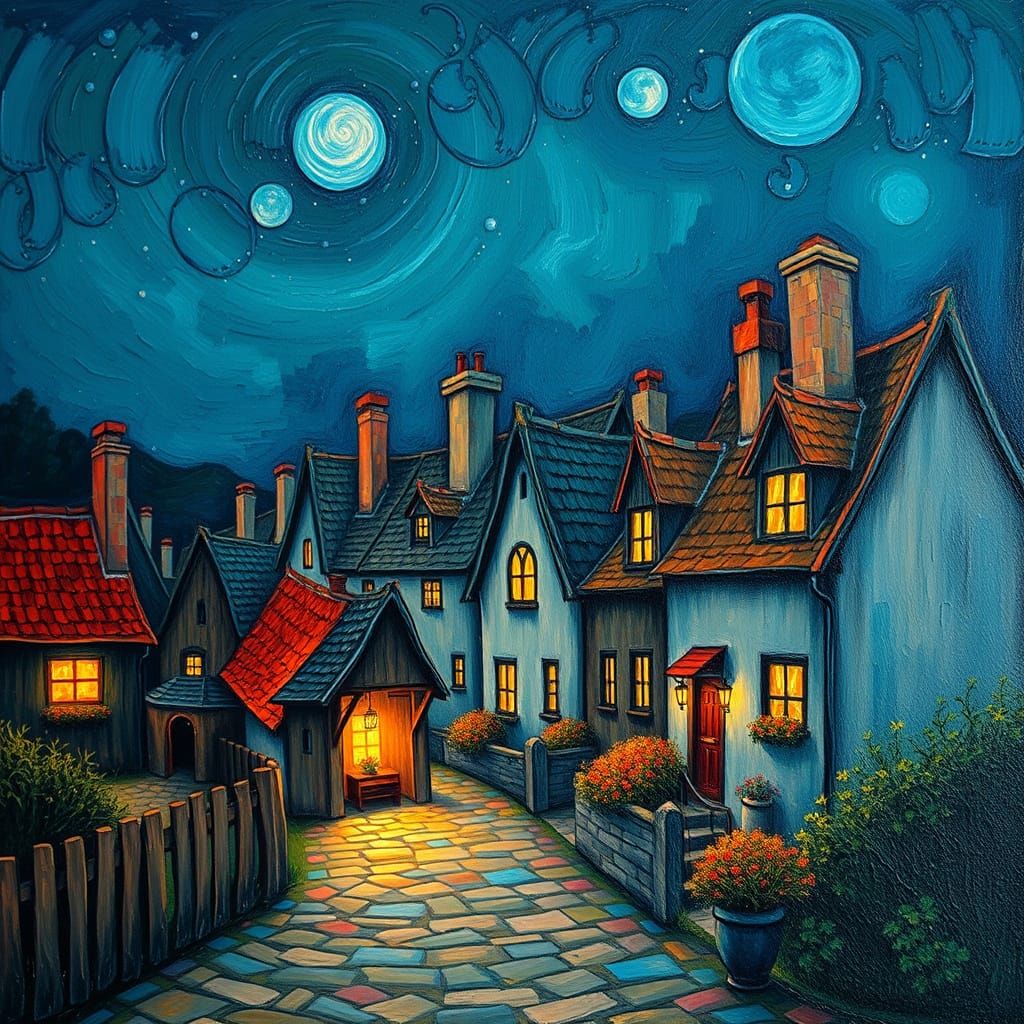 Warmly Lit Village at Night as Impasto Painting