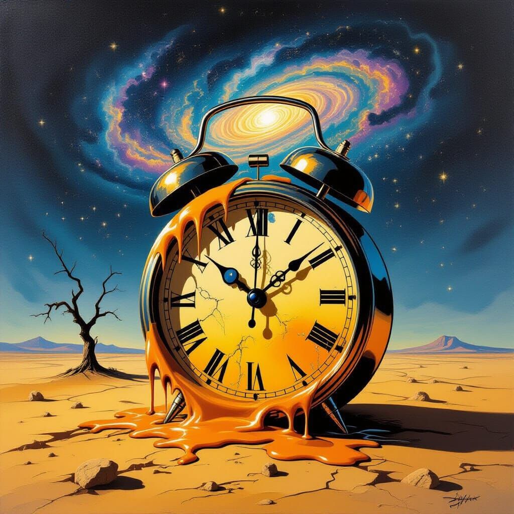 Melting Clock Surreal Desert Dreamscape with Nebulae