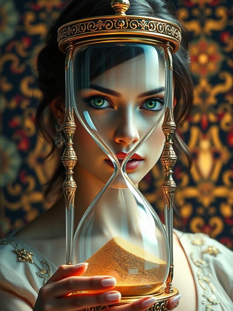 Brunette Woman Holds Hourglass with Ethereal Figure