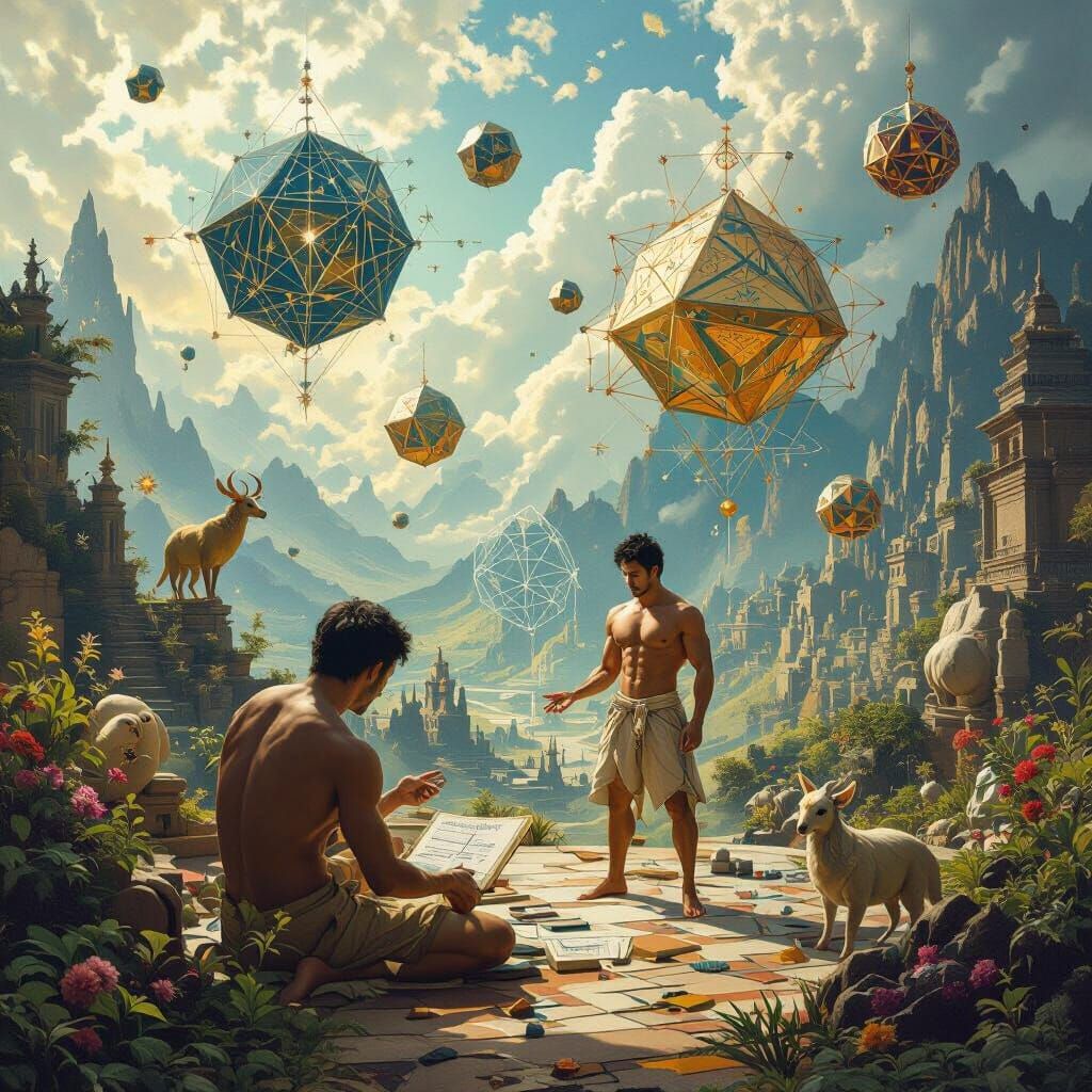 Surreal Mathematical Paradise with Muscled Man