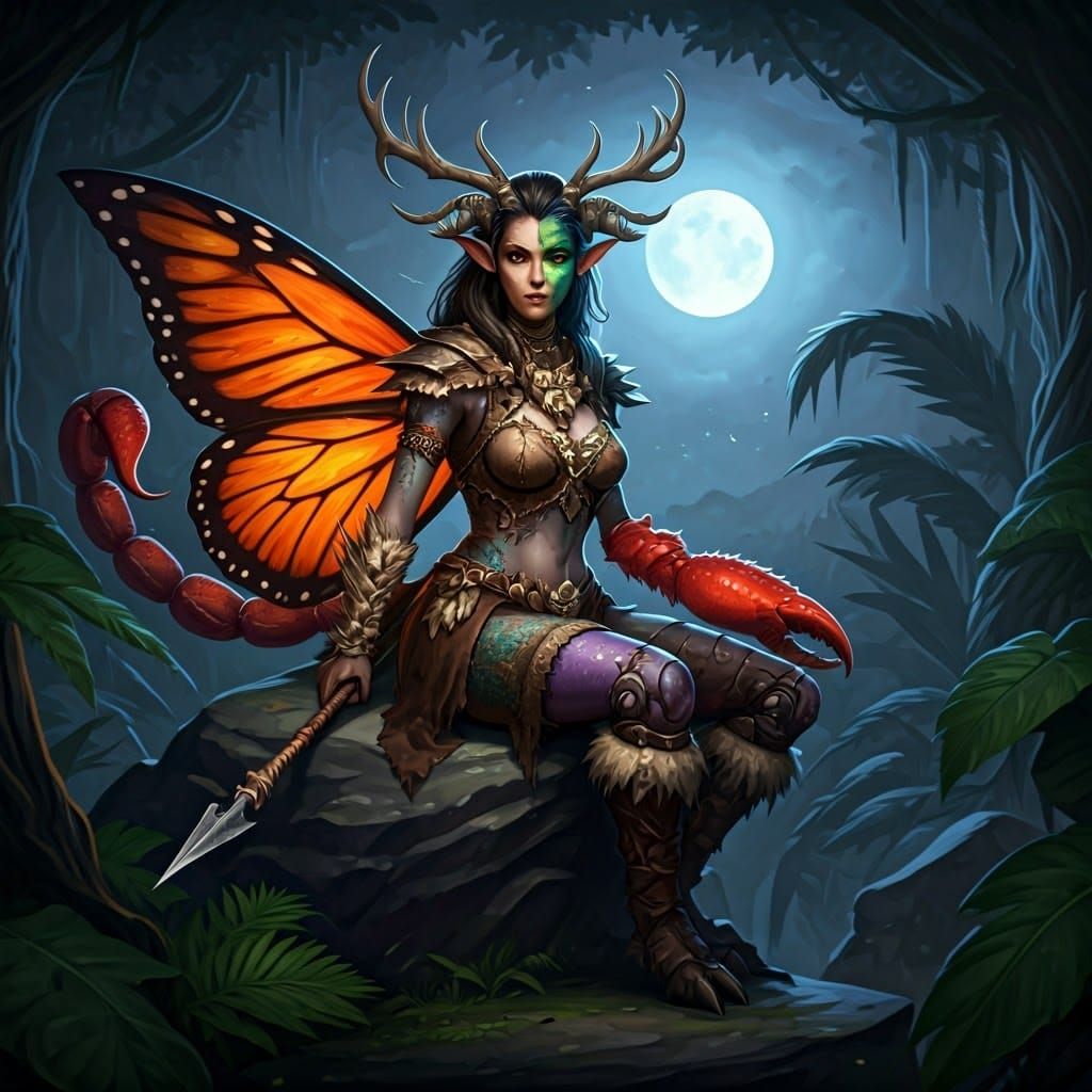 Moonlit Jungle Humanoid with Patchwork Design