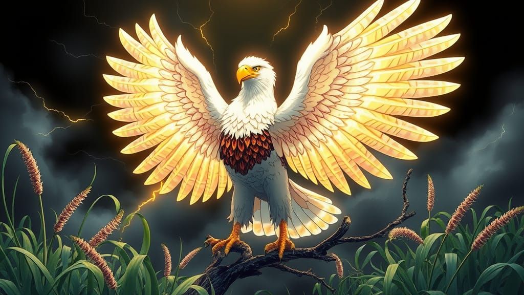 Giant Elongated Eagle with Fractal Textures and Lightning