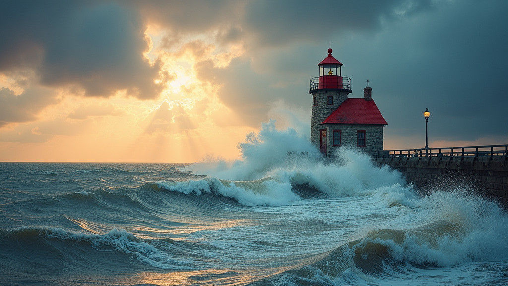 Lake Erie Lighthouse Waves in Dramatic Landscape Photography