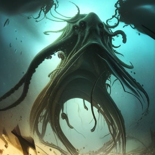 Giant Octopus in Dark Underwater Fantasy Art