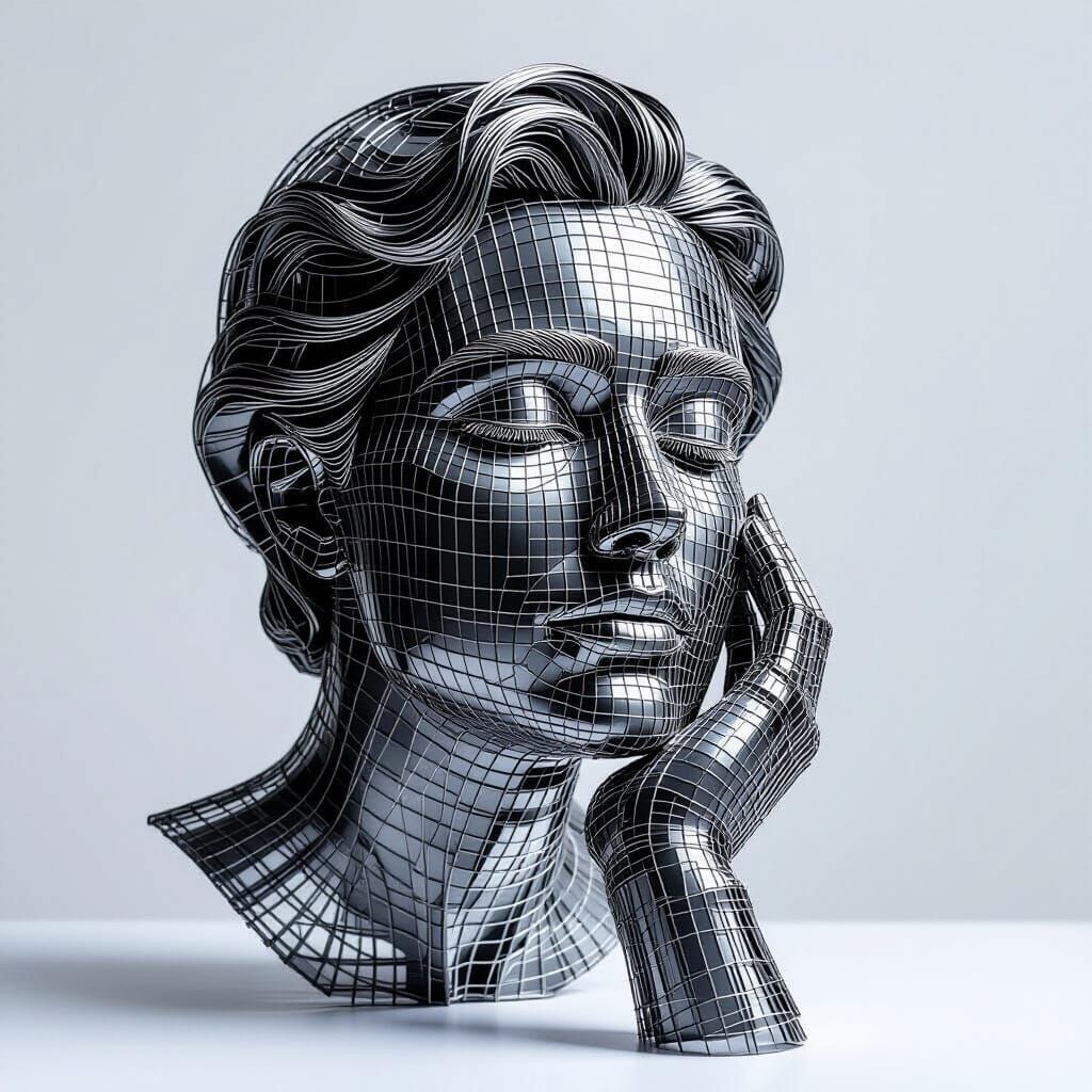 Monochrome Wire Sculpture of a Contemplative Face