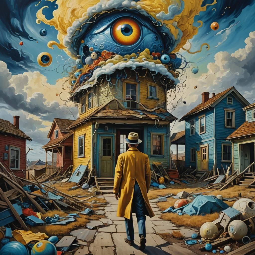 Eyeball-Headed Man Walks Home: Surrealist Painting