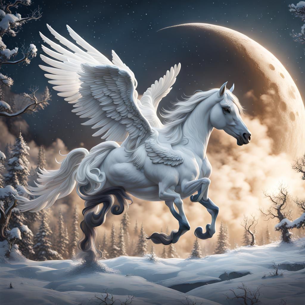 Winged Pegasus Moonlit Flight: Detailed Fantasy Art