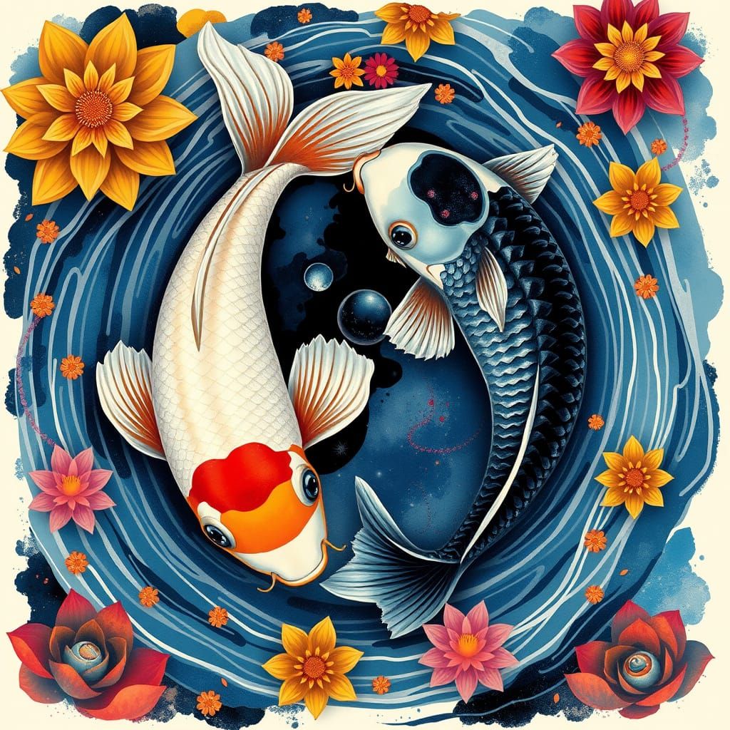Vibrant Koi in Harmony with Fauvist Water Lilies