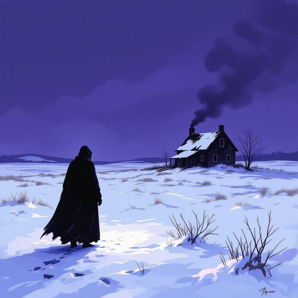 Cloaked Figure on Snowy Moor in Oil Painting Style