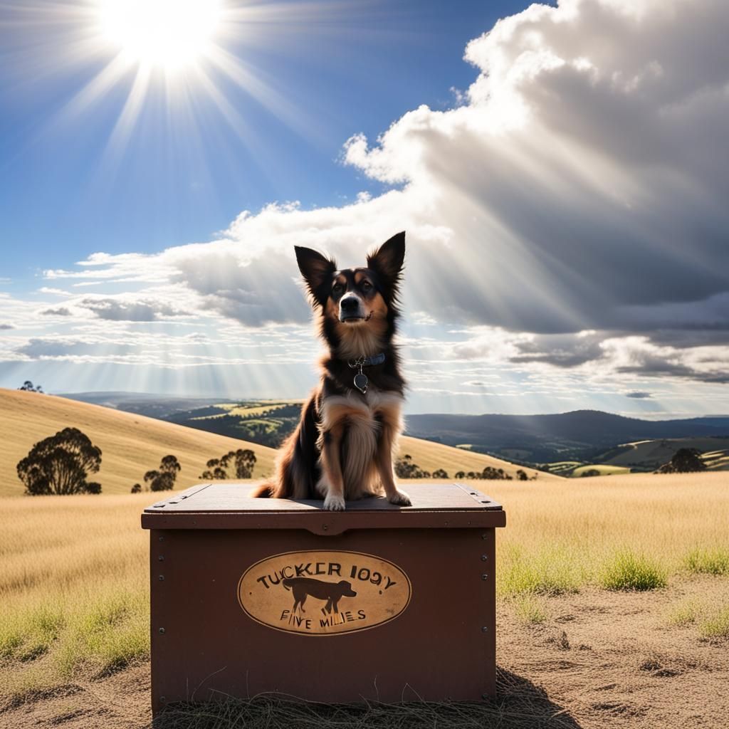 Dog on Tucker Box with Heavenly Sunshine