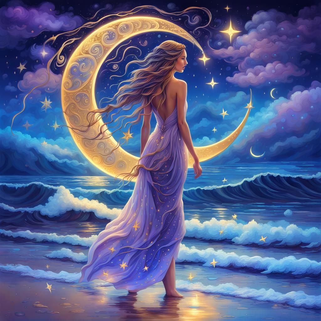 Fantasy Seashore Night with Golden Dolphins