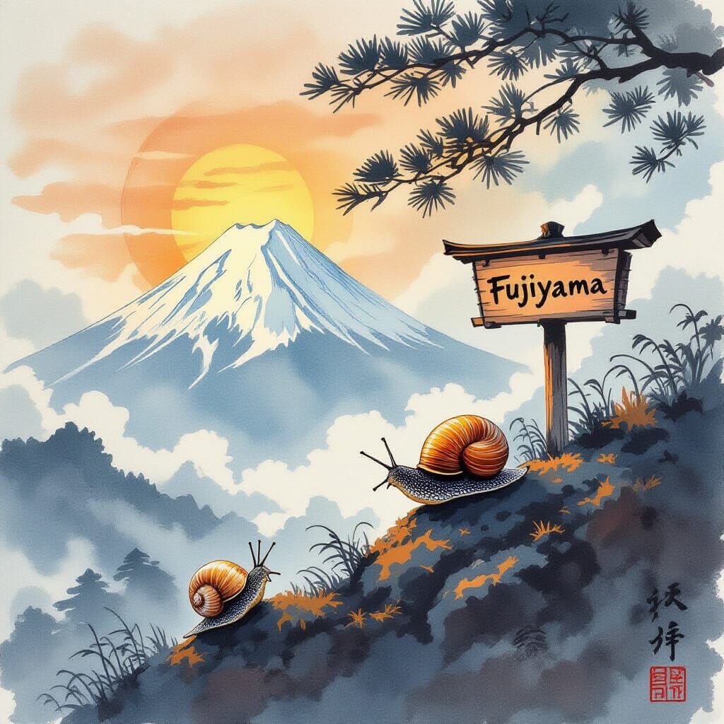 Snail Climbing Fujiyama in Japanese Engraving Style