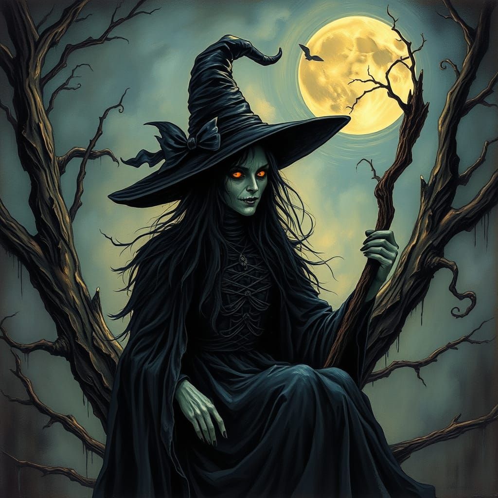 Wicked Witch Under Junketing Moon in Warm Oil Paints