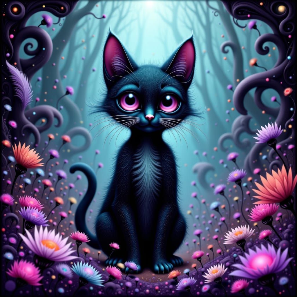 Mystical Cat Amidst Fractal Flowers and Feathers in Psychede...