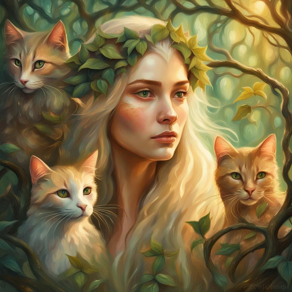 Ethereal Elven Portrait with Mythical Cats