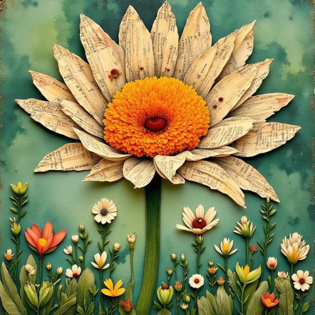 Whimsical Mixed Media Daisy Collage Art